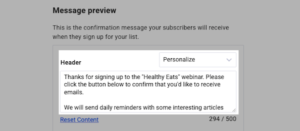Confirmation message header
